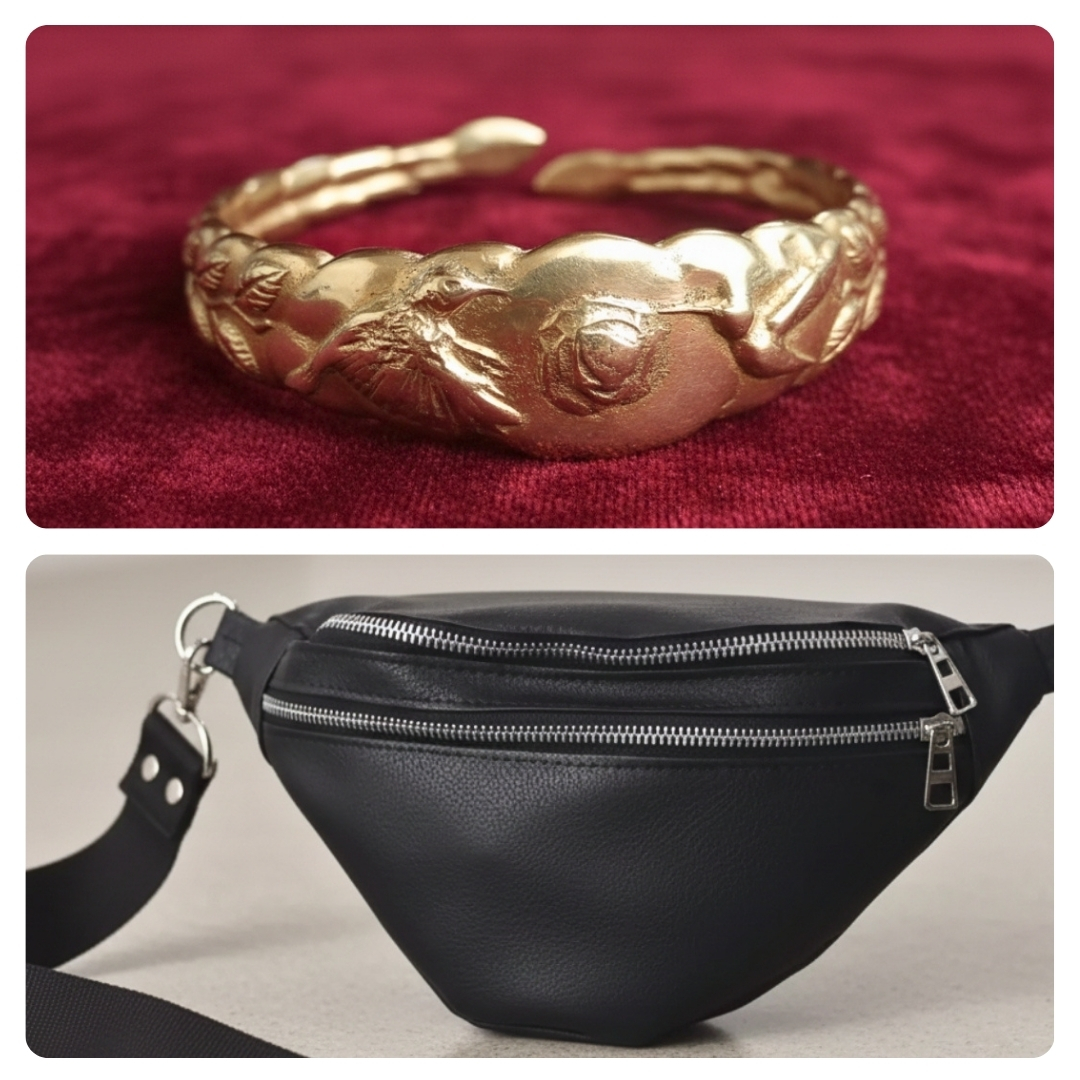 Mujer con riñonera negra y brazalete en un estudio de arte